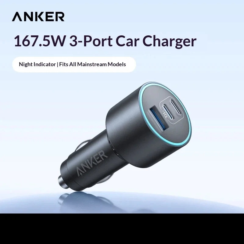167.5W 3-Port Fast Car Charger — 2 USB-C PD + 1 USB-A QC3.0 High-Speed Car Adapter for Travel