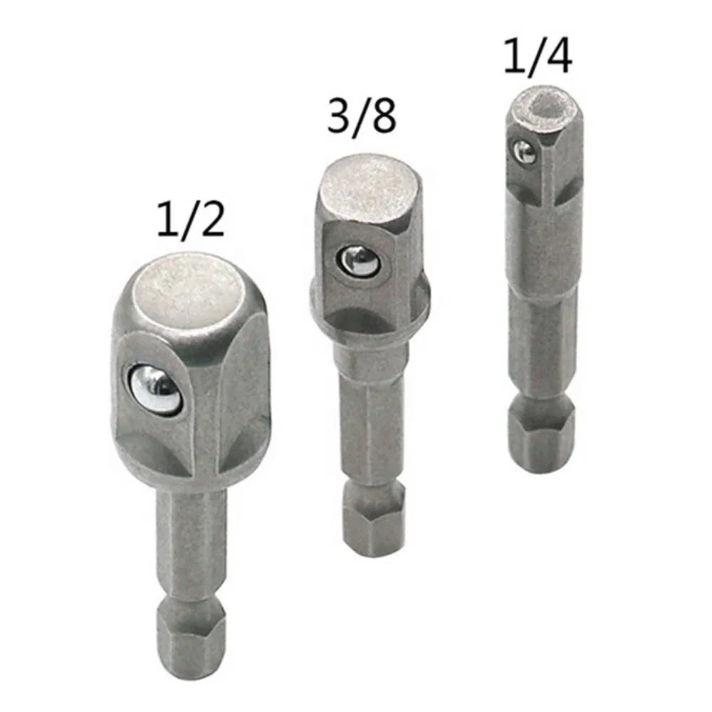 3-Piece Drill Socket Adapter Set 1/4 in, 3/8 in, 1/2 in (6.35, 9.53, 12.7 mm) Hex Shank Square Drive Impact Adapters