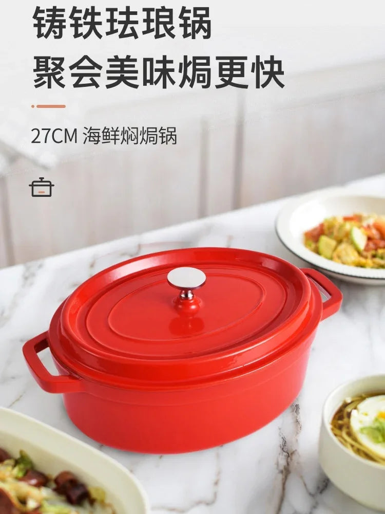 Oval Enamel Cast Iron Dutch Oven 31 cm (12.2 in) with Glass Lid - Nonstick Oval Casserole Pot