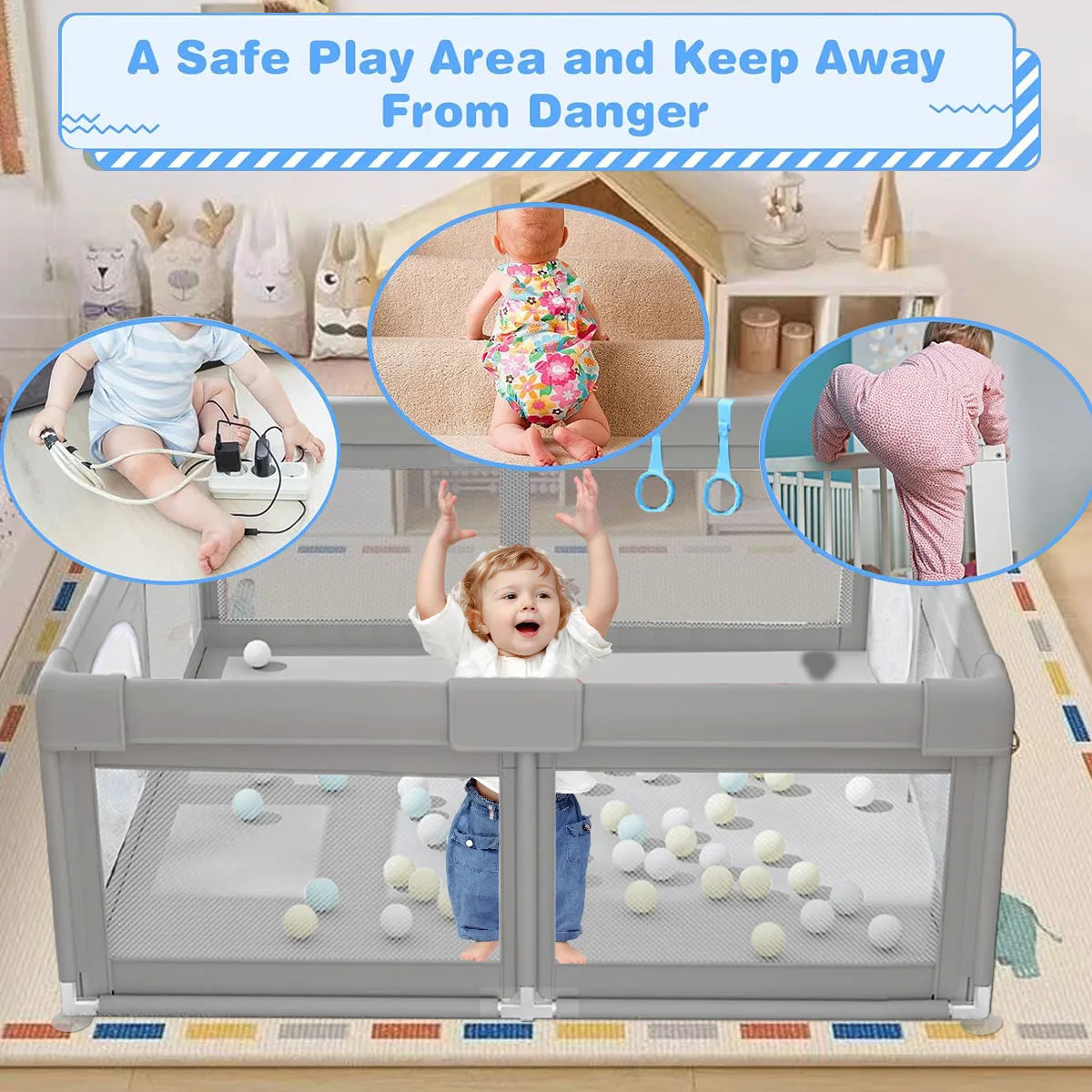 Foldable Baby Playpen & Ball Pit Indoor Play Yard – Safe Play Fence for 6 Months–6 Years, 120 x 120 x 68 cm (47.2 x 47.2 x 26.8 in) or 150 x 150 x 68 cm (59.1 x 59.1 x 26.8 in)