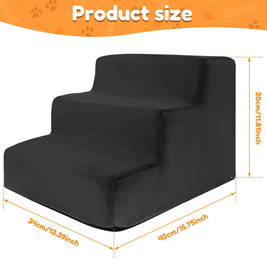 3-Step Pet Stairs for Small & Medium Dogs and Cats — 34 x 40 x 30 cm (13.4 x 15.7 x 11.8 in) High-Density Foam, Non-Slip, Removable Washable Cover