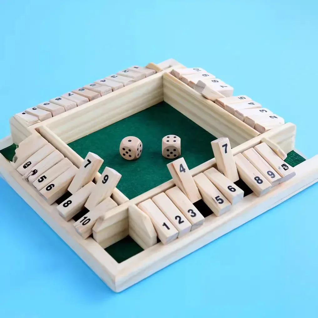 Shut the Box Wooden Dice Game with Flaps — 4-Player Family Educational Math Board Game