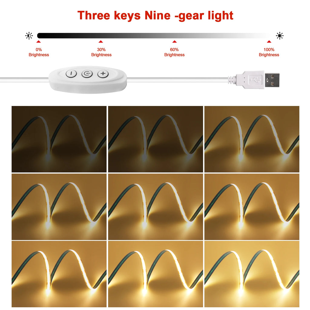 5V COB LED Strip Light USB Dimmable Touch Sensor Flexible Adhesive Tape TV Backlight