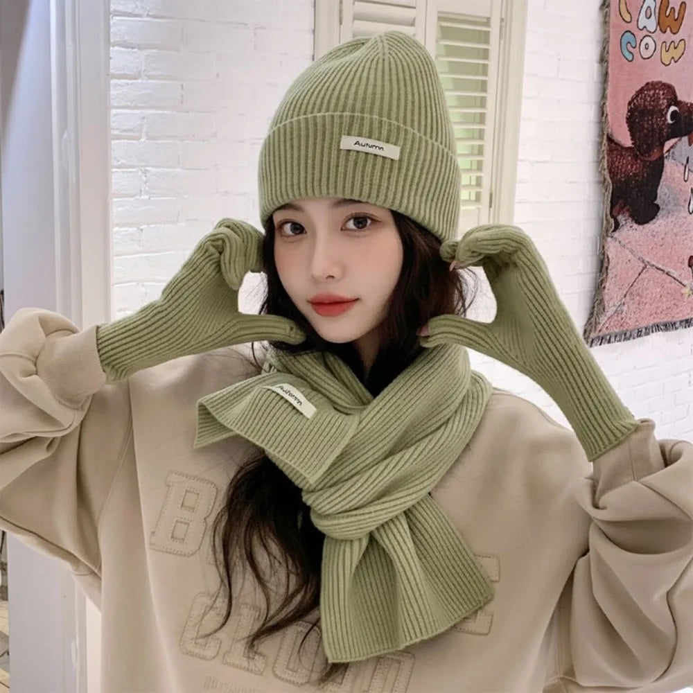 Women's 3-Piece Red Knit Cotton Hat, Scarf & Gloves Set — Thick Winter Beanie with Ear Protection, Warm Holiday Gift