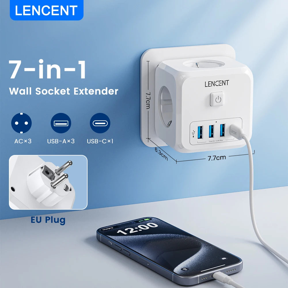 7-in-1 EU Plug Charger — 3 AC Outlets + 3 USB-A + 1 USB-C PD Wall Socket Extender with On/Off Switch