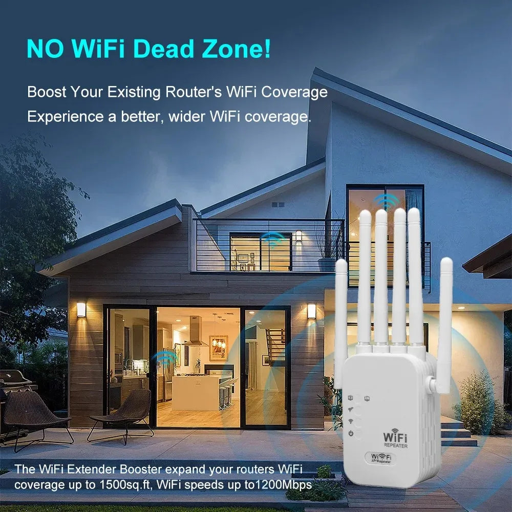 AC1200 Dual-Band WiFi Range Extender 1200Mbps (5GHz 867Mbps + 2.4GHz 300Mbps) 6 High-Gain Antennas Wireless Repeater & Signal Booster