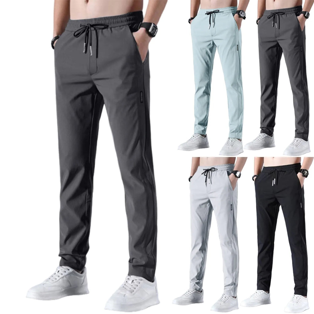 Men's Fast-Dry Stretch Ice Silk Pants - Mid-Waist Breathable Straight-Leg Casual Sports Trousers