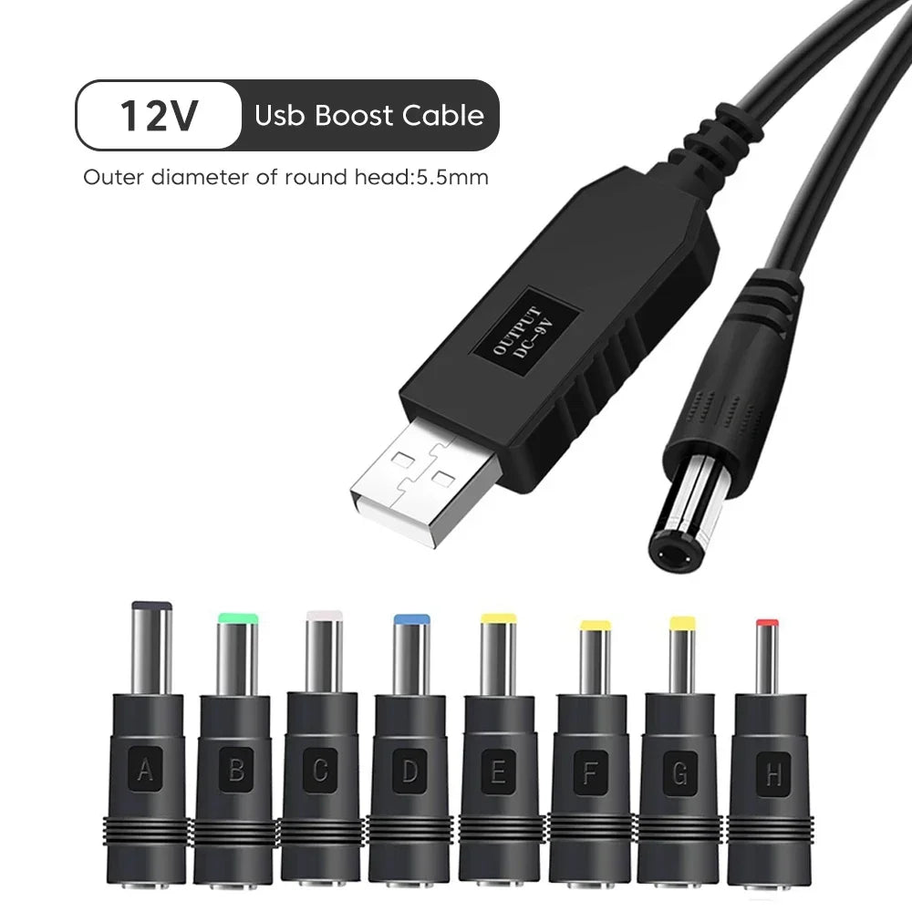 USB to DC 5V/12V Boost Converter Cable — Power Bank Adapter for Router, Modem & Speaker