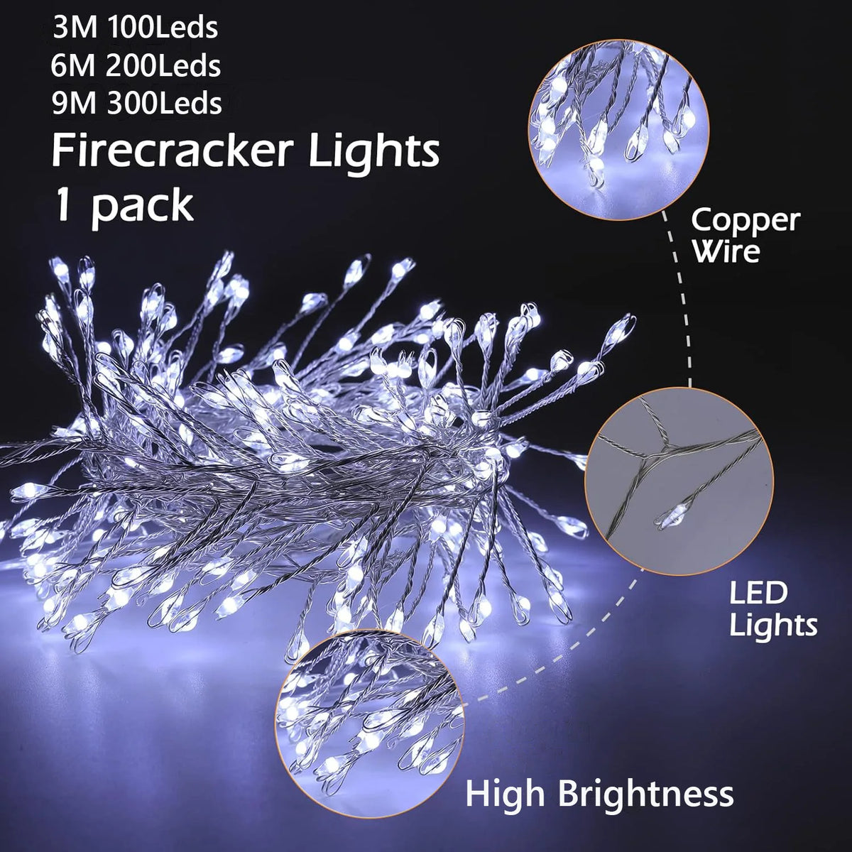 USB LED Firecracker Copper Wire String Lights, 8 Modes Fairy Lights for Outdoor Garden, Wedding & Christmas (3/6/9 m | 9.8/19.7/29.5 ft)
