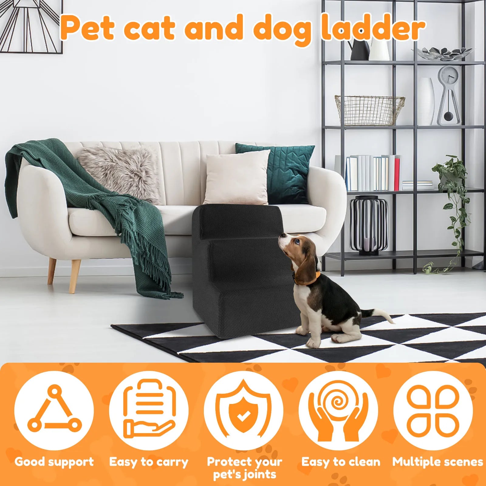 3-Step Pet Stairs for Small & Medium Dogs and Cats — 34 x 40 x 30 cm (13.4 x 15.7 x 11.8 in) High-Density Foam, Non-Slip, Removable Washable Cover