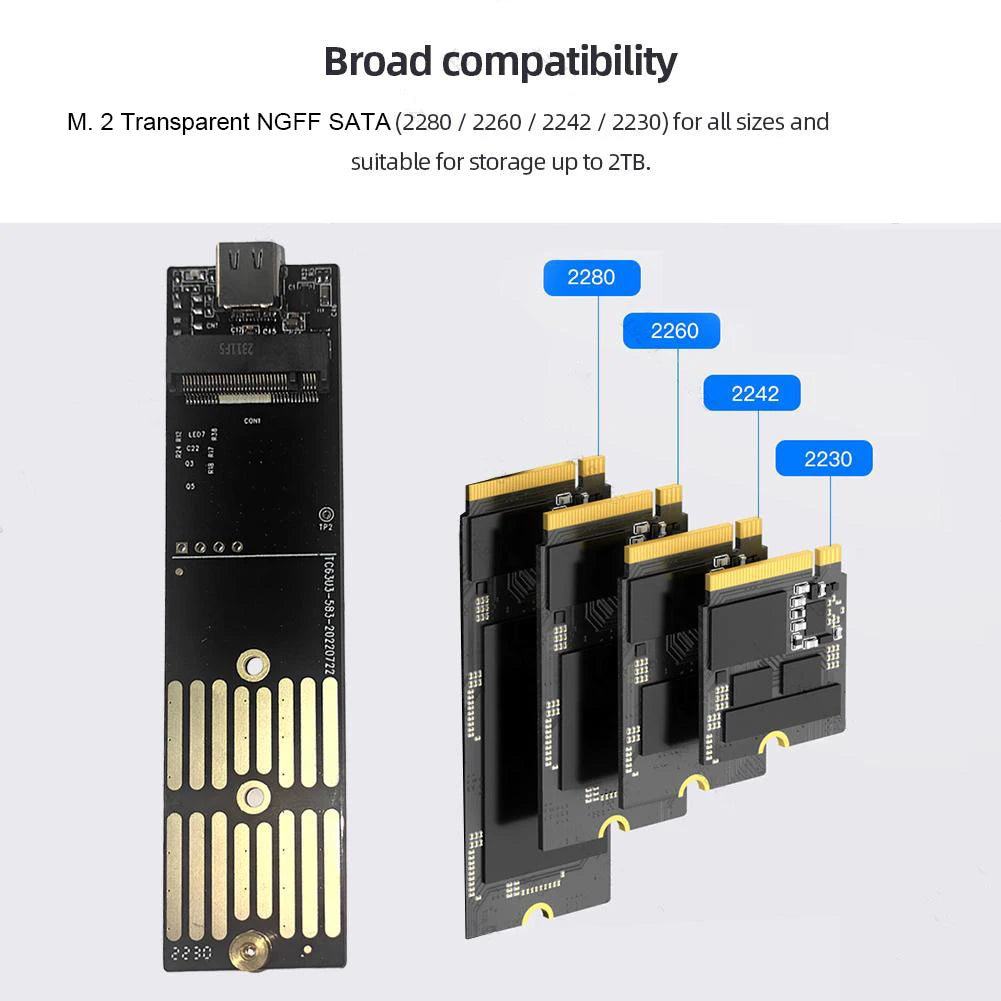 M.2 NGFF SATA USB 3.1 Type-C Transparent External SSD Enclosure for 2230/2242/2260/2280 10Gbps