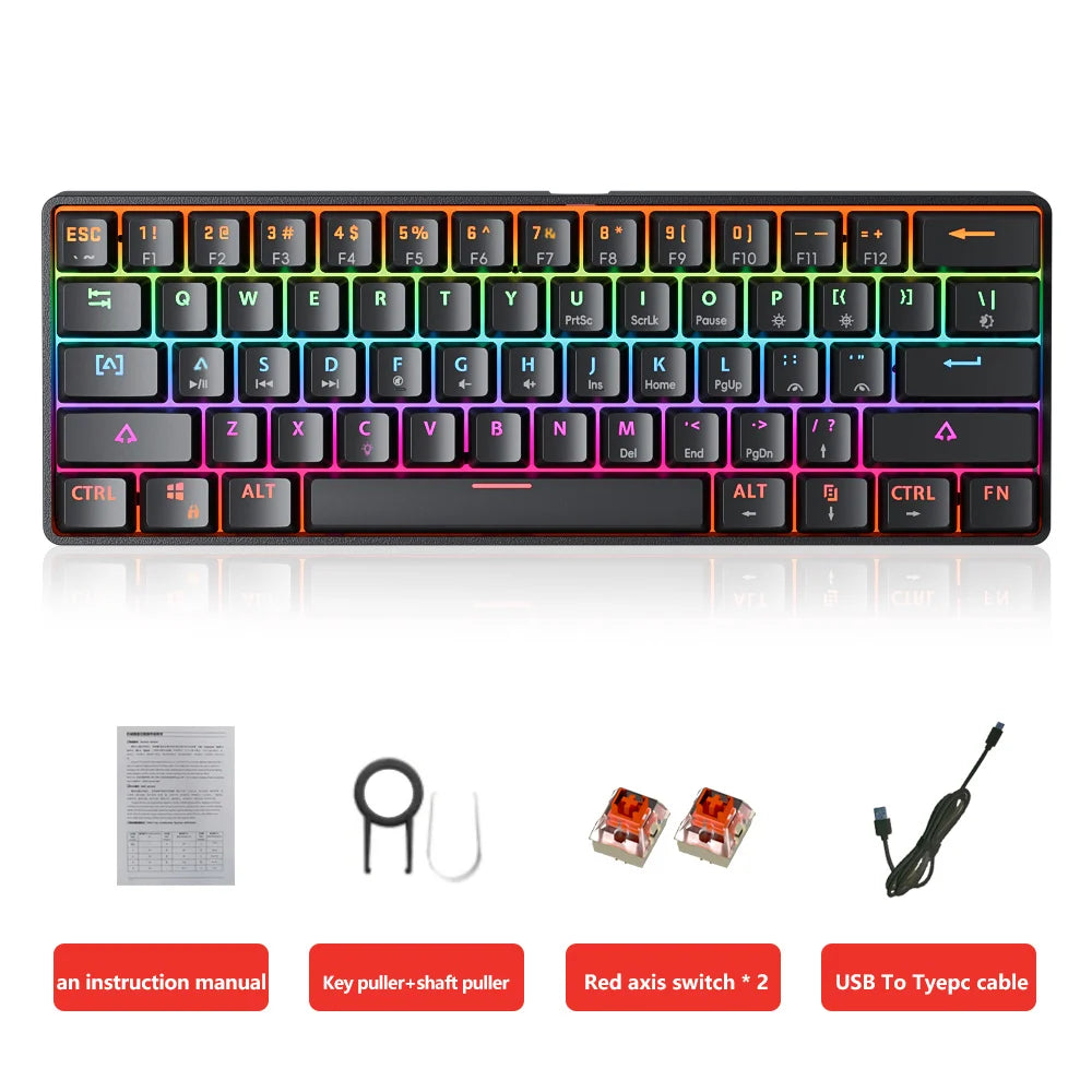 61-Key Compact Mechanical Gaming Keyboard – Hot-Swappable RGB Wired USB, Red Linear Switches