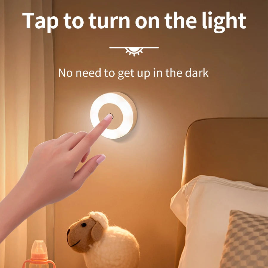 Rechargeable Round LED Touch Wall Lamp - Dimmable Magnetic Night Light for Bedroom, Closet & Reading