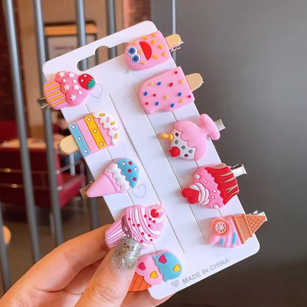 10-Pack Cute Cartoon Unicorn & Ice Cream Hair Clips for Girls, Kids Barrettes Hairpins, Fashion Hair Accessories