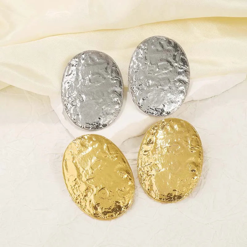 Large Gold Oval Geometric Stud Earrings - Textured Metal Statement Jewelry for Women
