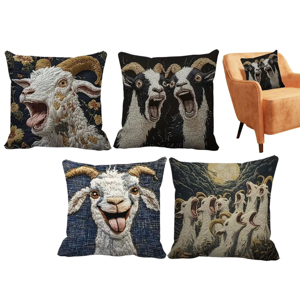 Goat Pattern 3D Embossed Throw Pillow Covers - 4-Pack 17.7 x 17.7 in (45 x 45 cm) Short Plush Decorative Cushion Covers for Sofa & Bedroom