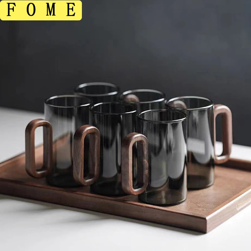 2/4/6-Pack Borosilicate Glass Mugs with Walnut Wooden Handle, 360 ml (12.2 fl oz) Heat-Resistant Teacup Set for Coffee, Milk & Juice