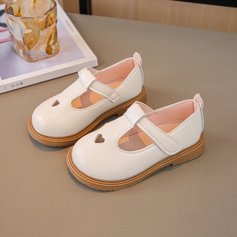 Girls Princess PU Leather T-Strap Flats with Heart Cut-Outs Cute Toddler & Kids Dress Shoes for Spring Autumn
