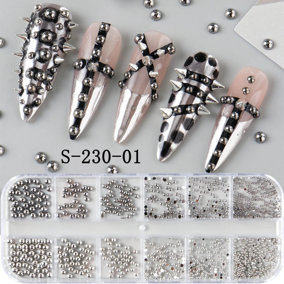 12-Grid Silver Gothic Punk Nail Charms - Metal Rivet Studs for DIY Nail Art Y2K Grunge