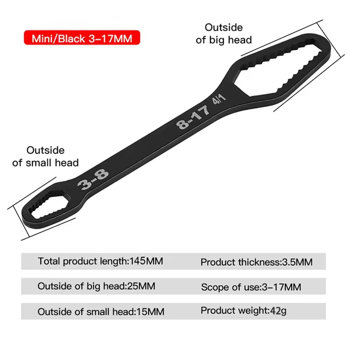 Adjustable Self-Tightening Double-Head Wrench Fits 3–17 mm & 8–22 mm (0.12–0.67 in & 0.31–0.87 in) for Cars, Bicycles and Home Repair
