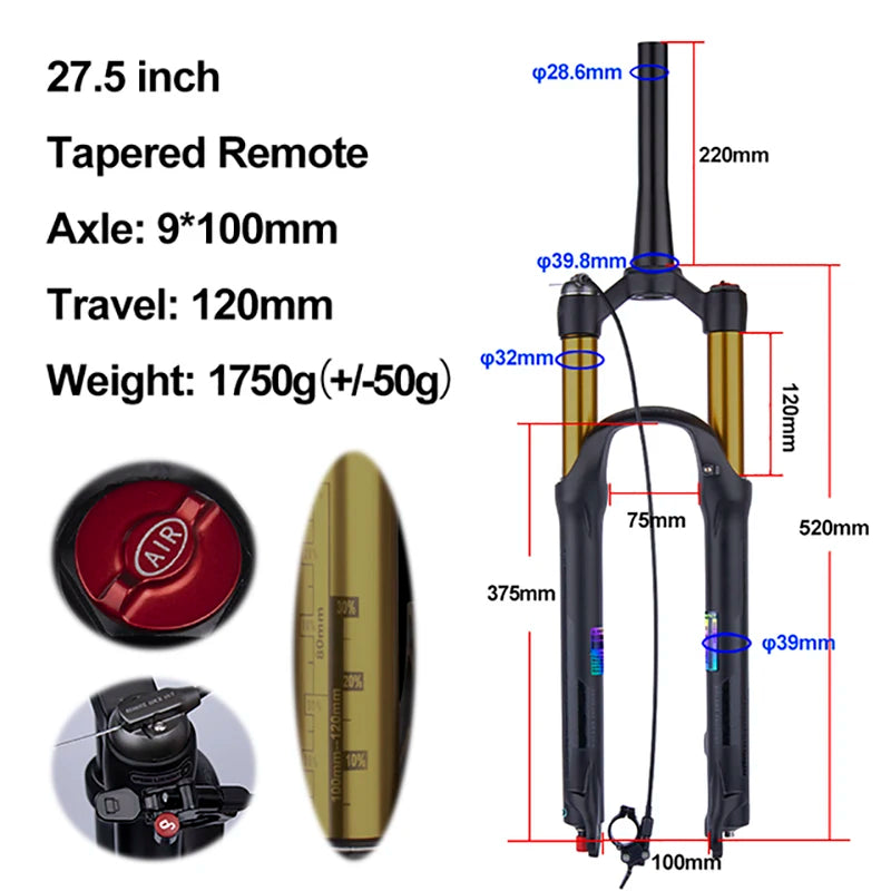 MTB Air Suspension Fork — 120mm Travel, Rebound Adjustable, 26/27.5/29 in, 9x100mm Quick Release, Disc Brake Compatible