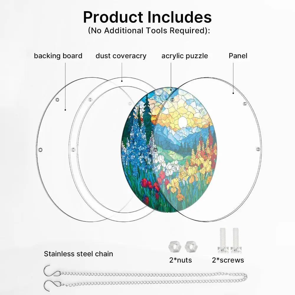 83-Piece 7.4in (18.8cm) Round Acrylic Puzzle Sun Catcher - UV-Printed Window Hanging with Metal Chain