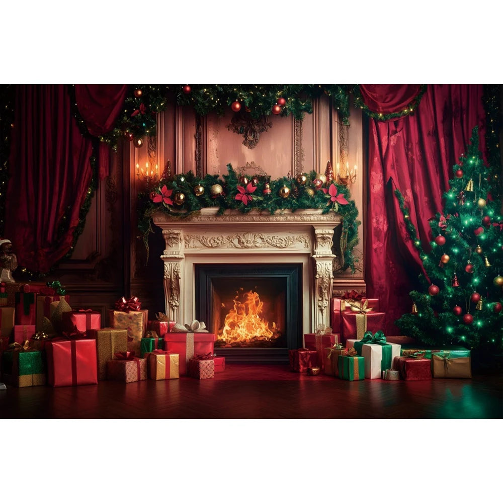 Christmas Photography Backdrop - Red Curtain & Window Scene with Snowy Bear and Gifts for Kids & Family Portraits