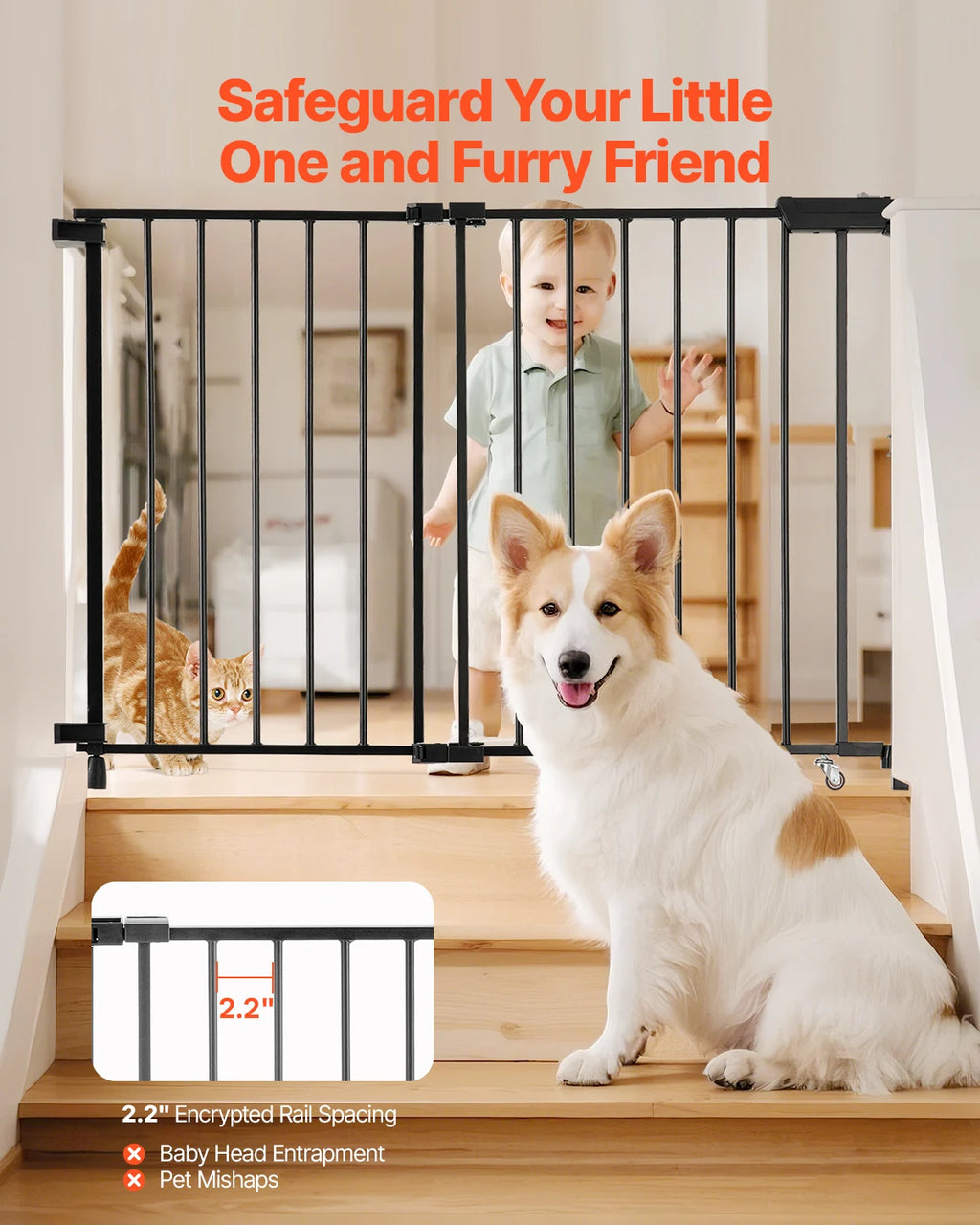 Adjustable Baby & Pet Gate 29.5–43 in (75–109 cm) Width, 28 in (71 cm) High Walk-Through No-Threshold Gate with One-Hand Double-Lock