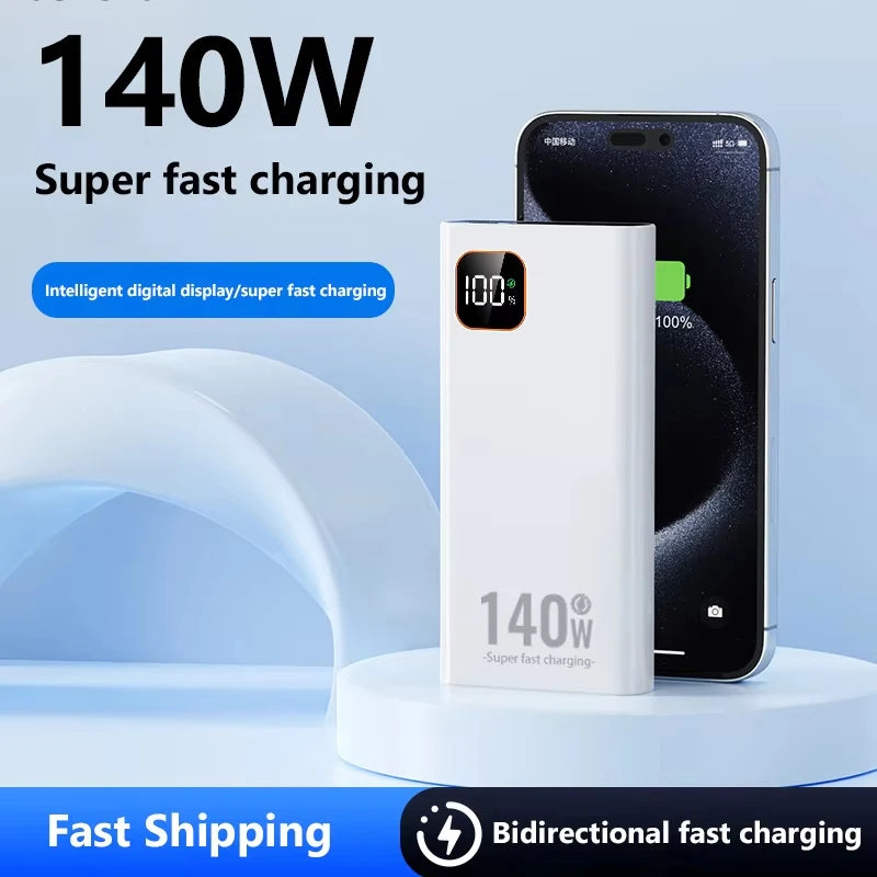 100000mAh 140W Portable Power Bank - Super Fast USB-C, Lightning & Triple USB Charger with Digital Display