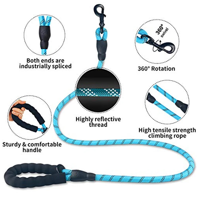 Reflective Padded Handle Dog Leash - Heavy-Duty Double Rope, 1.5 m (4.9 ft) for Small to Large Dogs