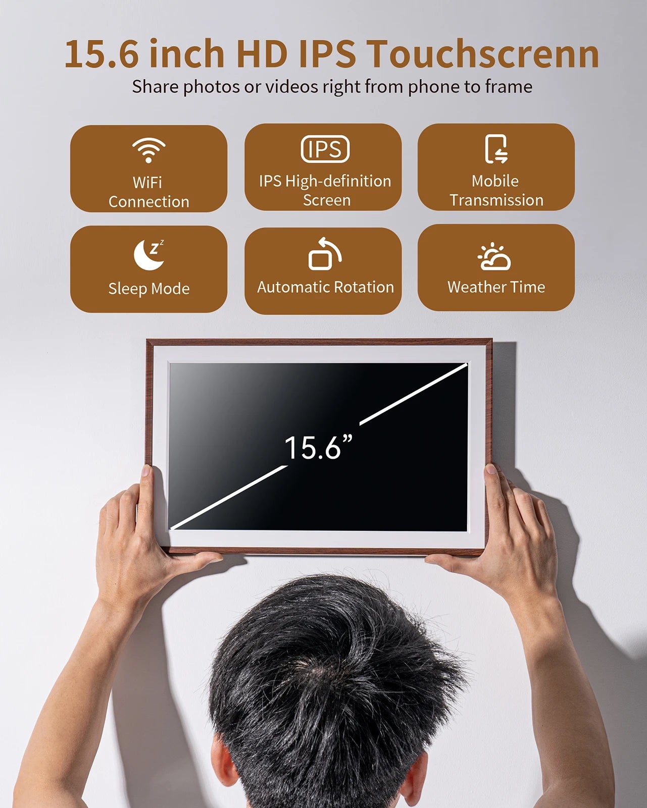 15.6-Inch (39.6 cm) FHD Touchscreen Digital Photo Frame, 32GB Built-In, WiFi & Frameo App, MP4 Playback, Wall-Mountable