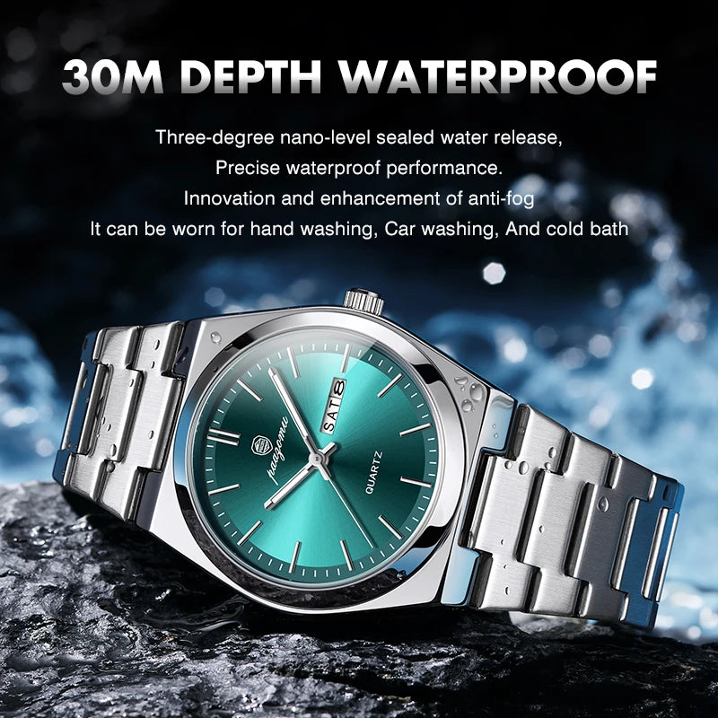 Men's Quartz Stainless Steel Watch 40-44mm Dial, 3ATM Water-Resistant Luminous Chronograph with Date