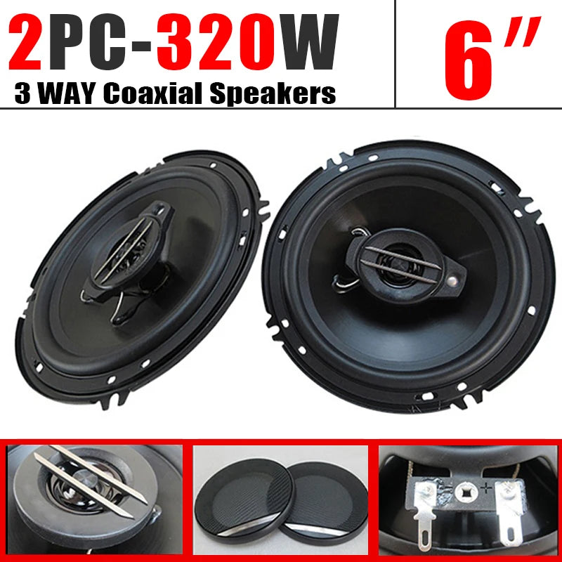 2-Pack 6-Inch (160mm) 3-Way Coaxial Car Speakers 320W Full-Range Hi-Fi for Car and Truck Doors