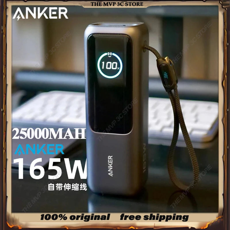 165W 25000mAh Portable Power Bank with Retractable Cables, 100W USB-C Fast Charge, Dual USB Output, Lightweight Metal Charger