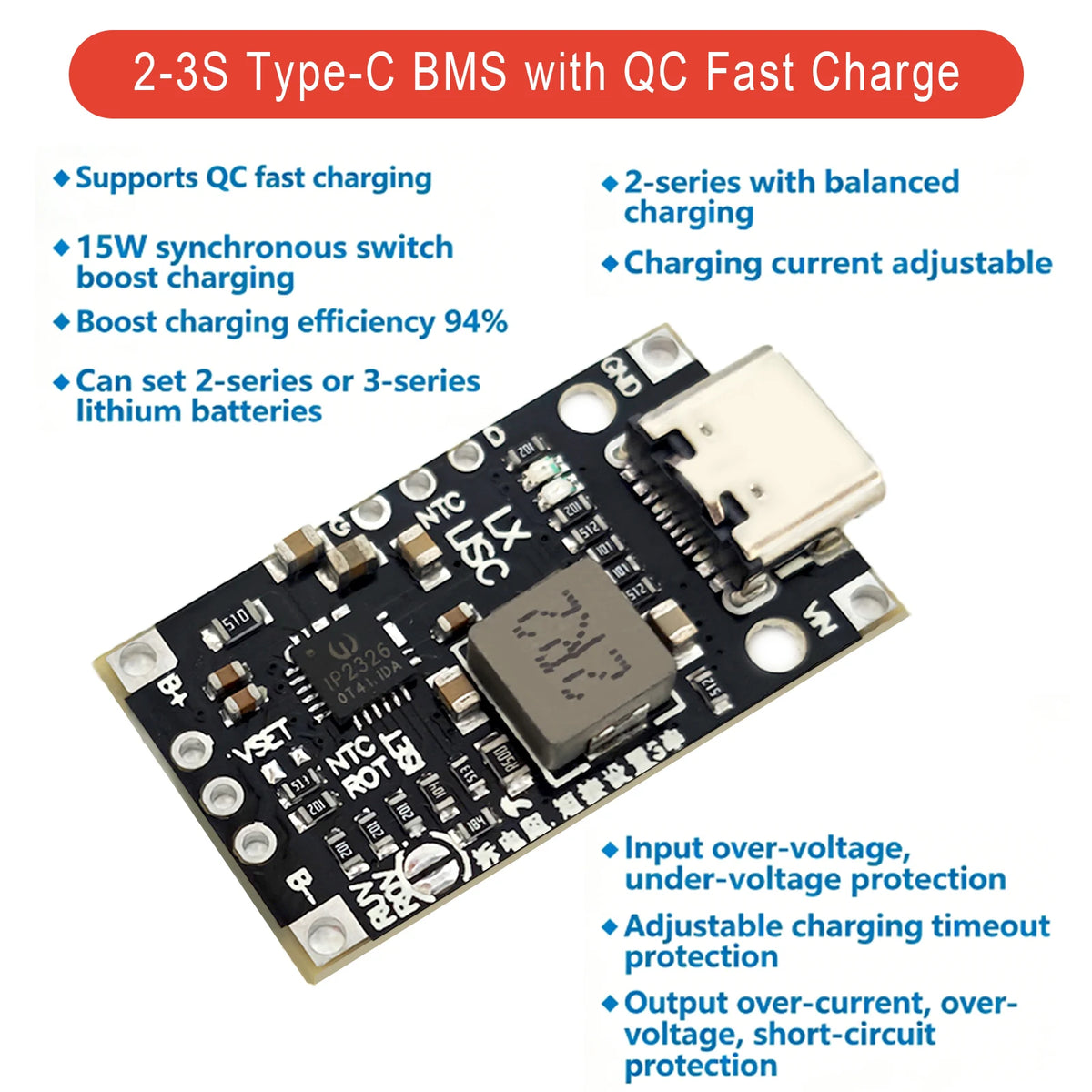 Type-C USB 2S/3S 15W Li-ion BMS Charging Module 8.4V/12.6V Balanced Fast Charge Boost Board for DIY Charger PCB