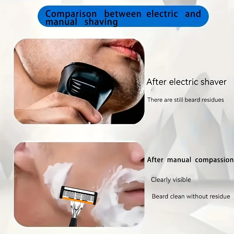 6-Layer Stainless Steel Safety Razor Set for Men - Replaceable Blade Head, Manual Shaving
