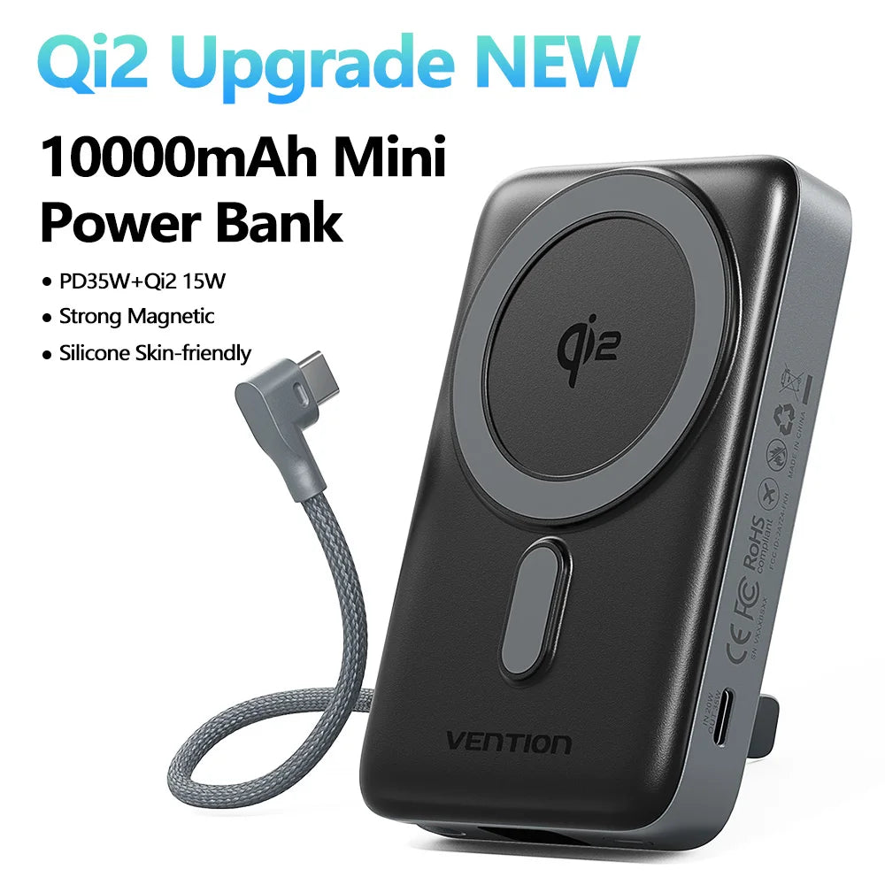 35W 10000mAh Qi2 Magnetic Power Bank 15W Wireless Fast Charger with Built-in USB-C Cable and Foldable Stand