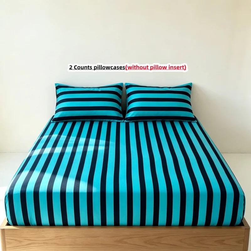 3-Piece Striped Fitted Sheet Set with Elastic Anti-Slip Skirt — 1 Fitted Sheet + 2 Pillowcases, Multiple Sizes (100–220 cm / 39–87 in)
