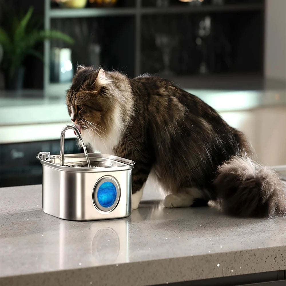 3.2L (3.4 qt / 108 fl oz) Stainless Steel Automatic Pet Water Fountain - Visual Window Cat & Dog Water Dispenser