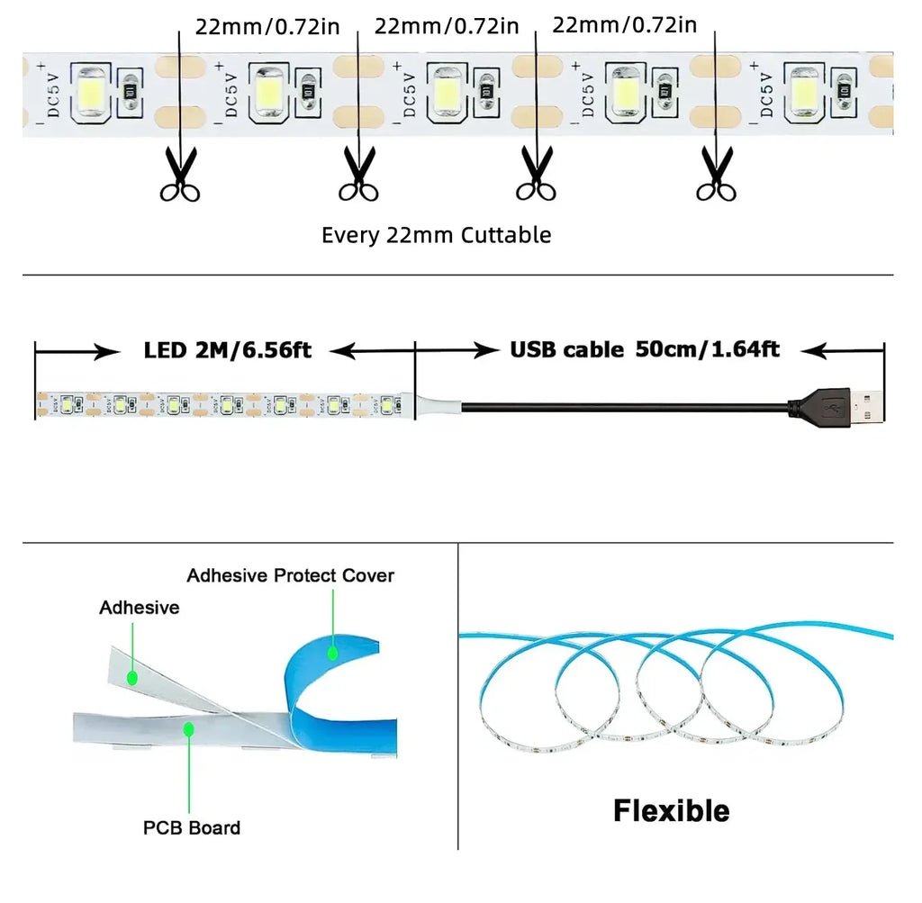5V USB LED Strip Light 2835/SMD Warm & Cool White TV Backlight Home Decor 1-5m (3.3-16.4ft)
