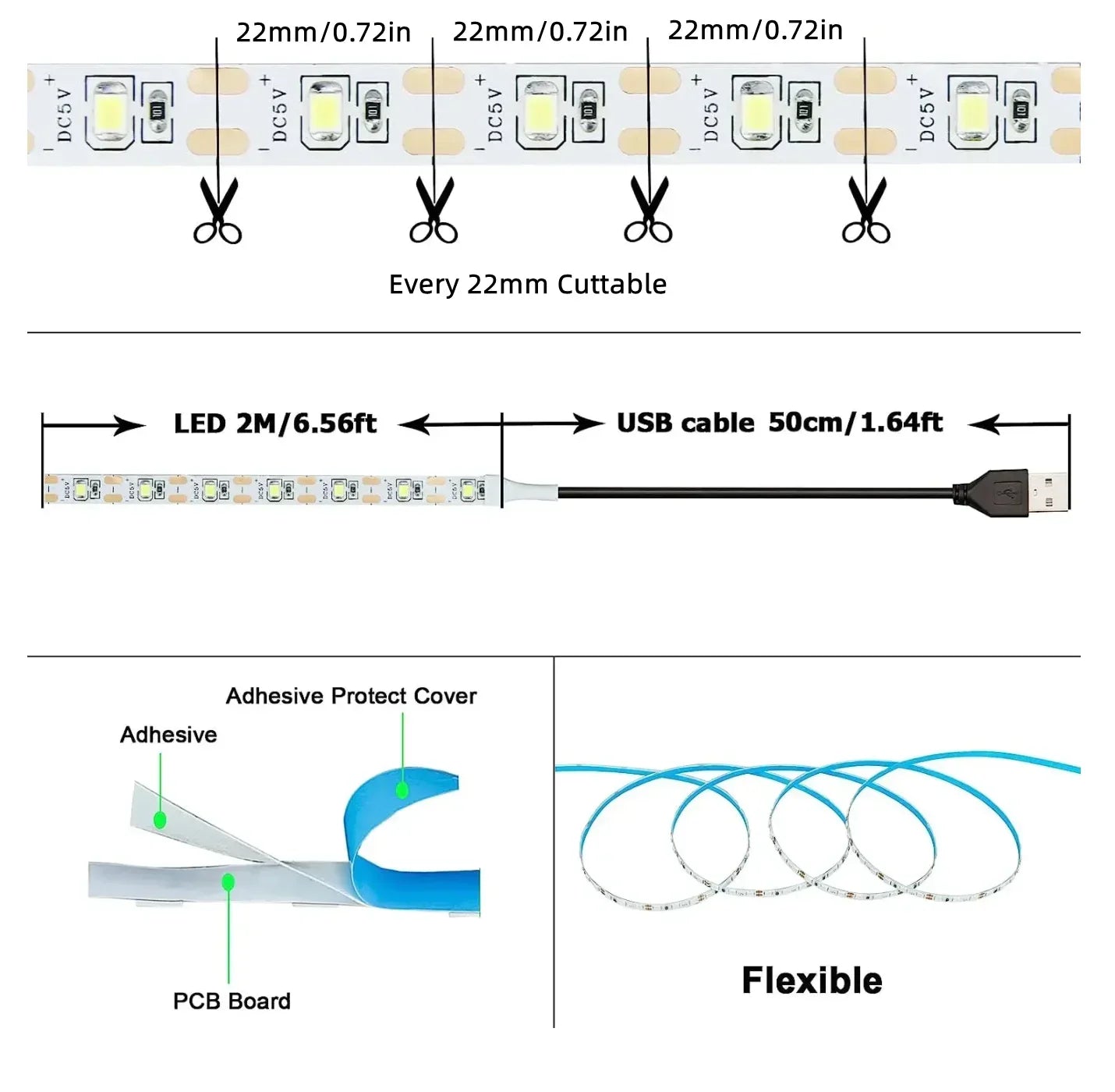 5V USB LED Strip Light 2835/SMD Warm & Cool White TV Backlight Home Decor 1-5m (3.3-16.4ft)