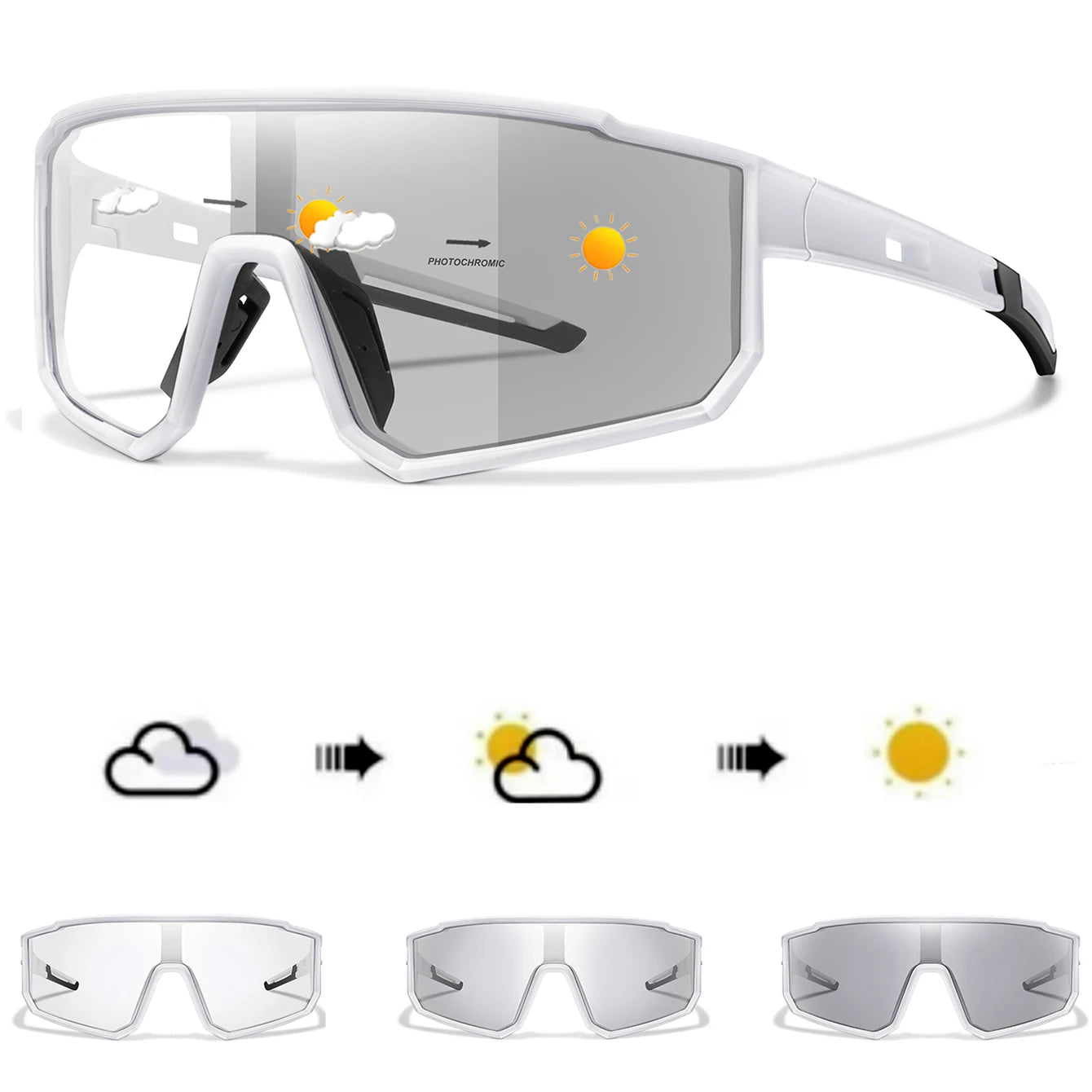Unisex Photochromic Road Bike Sunglasses - Polycarbonate Lenses, 142 mm (5.6 in) W x 58 mm (2.3 in) H