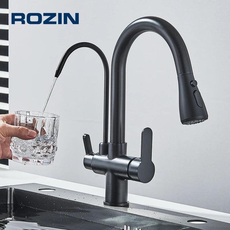 Black 3-Way Filtered Kitchen Faucet 360° Swivel Pull-Out Sprayer Hot & Cold Mixer Tap