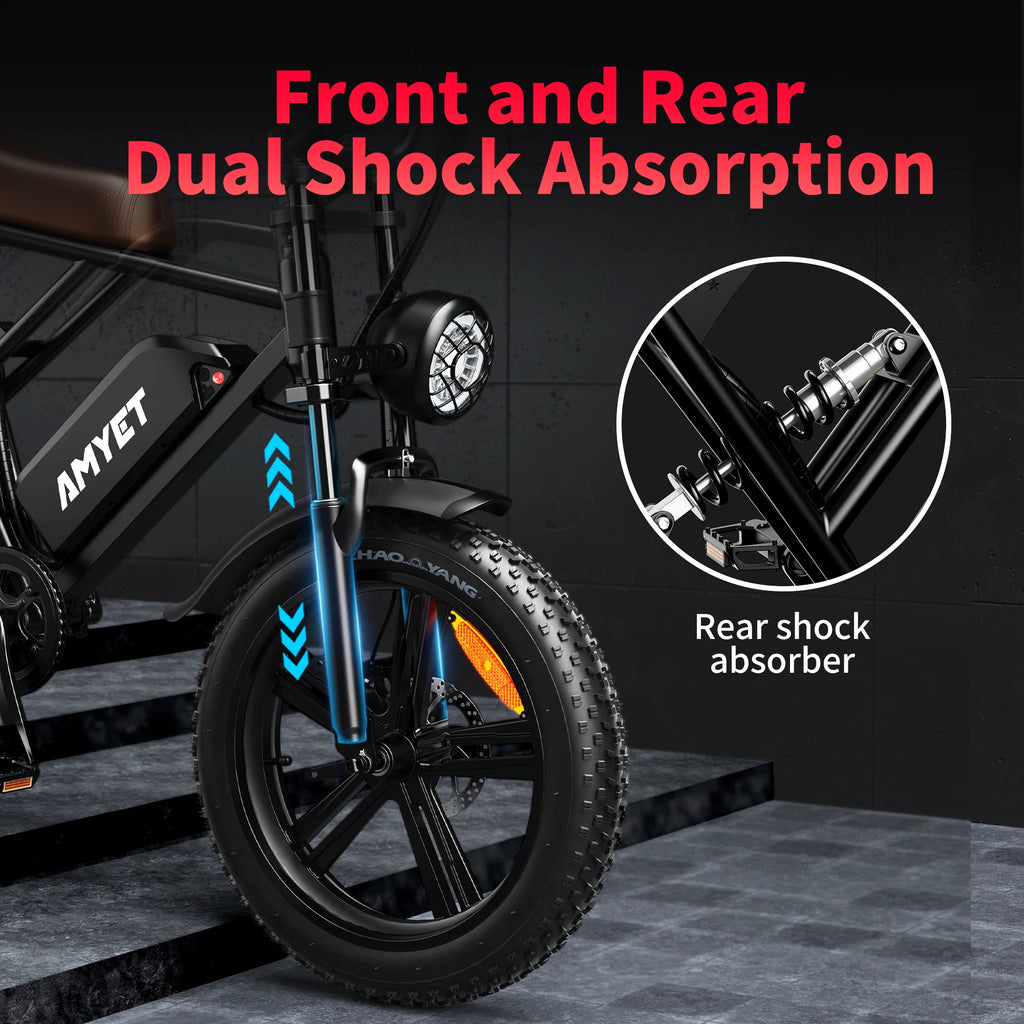 Electric Fat-Tire Bike 1000W (Peak 1500W) – 48V 20Ah Removable Battery, 20×4 in (50.8×10.16 cm) Wheels, 7-Speed, Dual Suspension