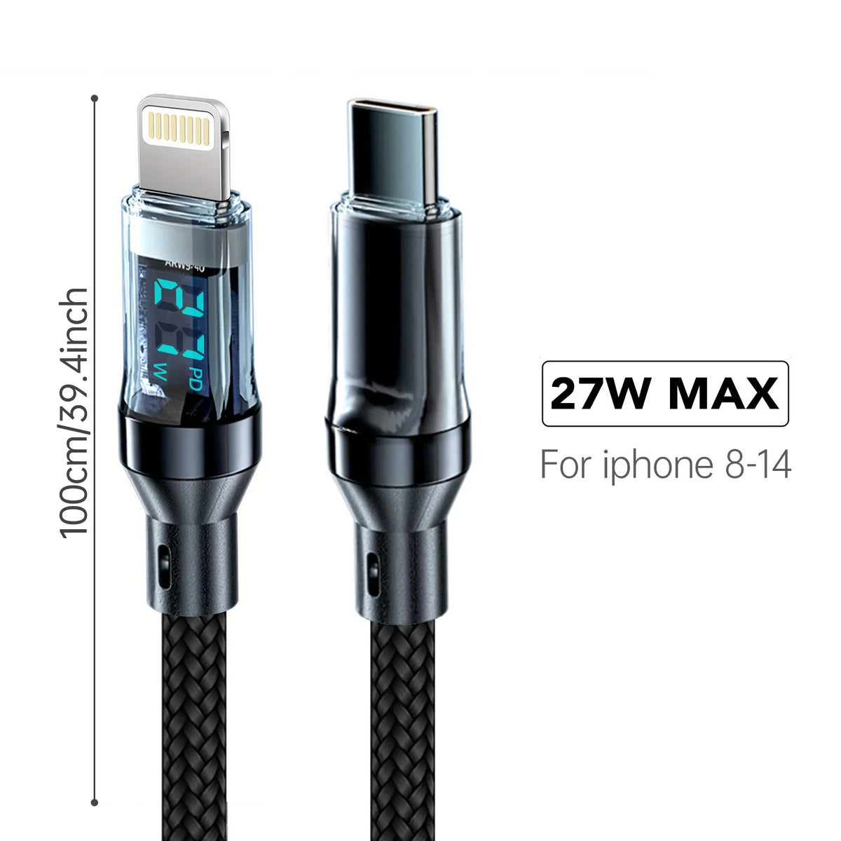 27W PD Fast Charging MFi Lightning Cable with LCD Power Display — Transparent Braided USB-A/USB-C to Lightning, Data Sync & Charging