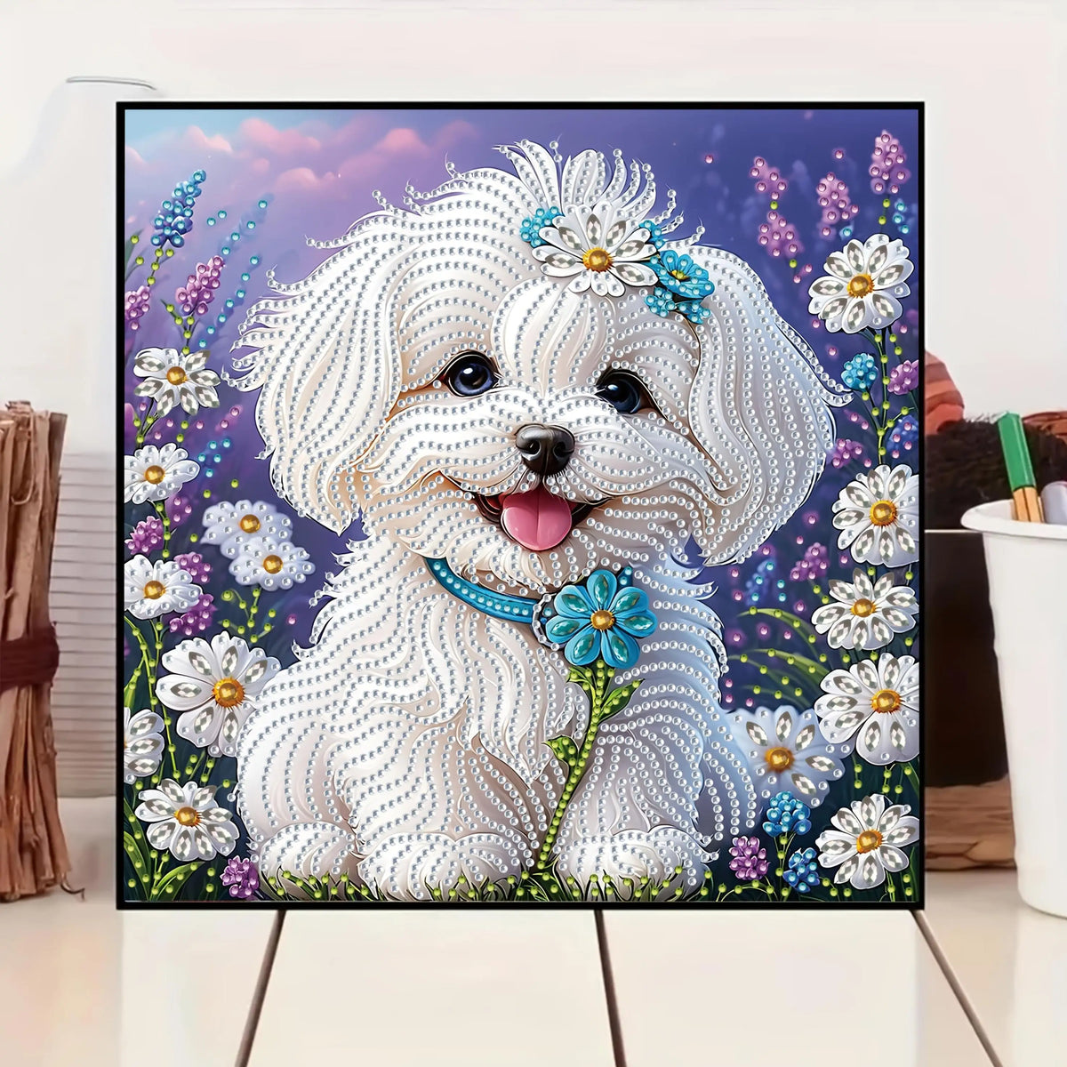 White Puppy with Flowers 5D Diamond Painting Kit view 2