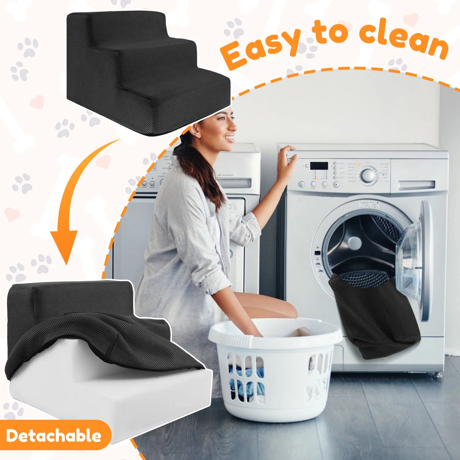 3-Step Pet Stairs for Small & Medium Dogs and Cats — 34 x 40 x 30 cm (13.4 x 15.7 x 11.8 in) High-Density Foam, Non-Slip, Removable Washable Cover