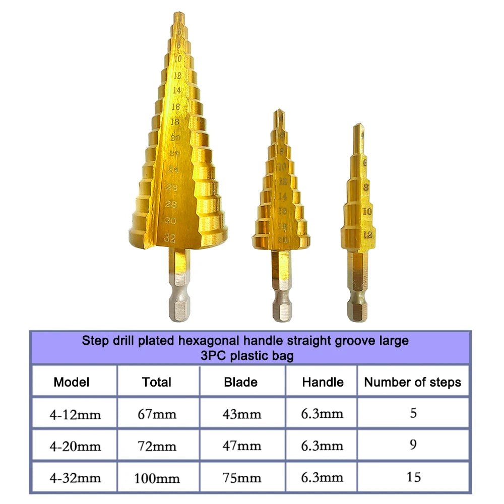 Titanium Plated Step Drill Bit Set Hex Shank Straight Groove — 3–32mm (0.12–1.26 in)