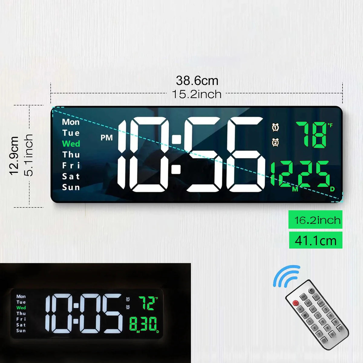 16.2 in (41 cm) Large LED Digital Wall Clock with Remote, Dual Alarm, RGB Night Light, Jumbo 4.5 in Digits