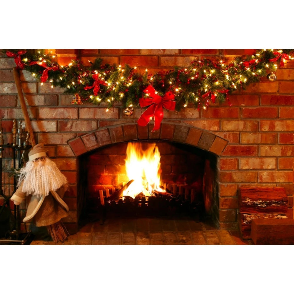 Christmas Fireplace Photography Backdrop - Burning Firewood Flame Brick Wall Photo Studio Background